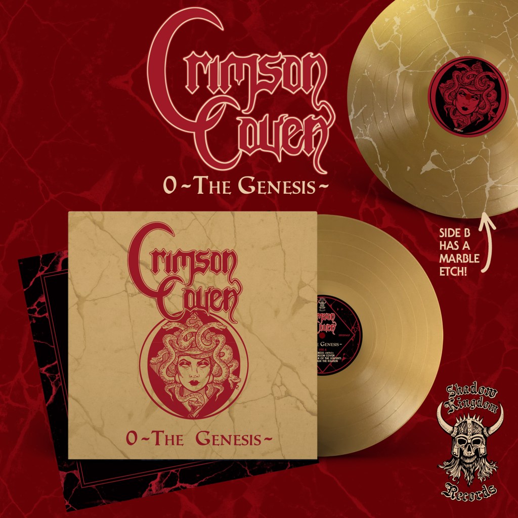 The image showcases a golden vinyl record of a band Crimson Coven on a red, marble textured background.