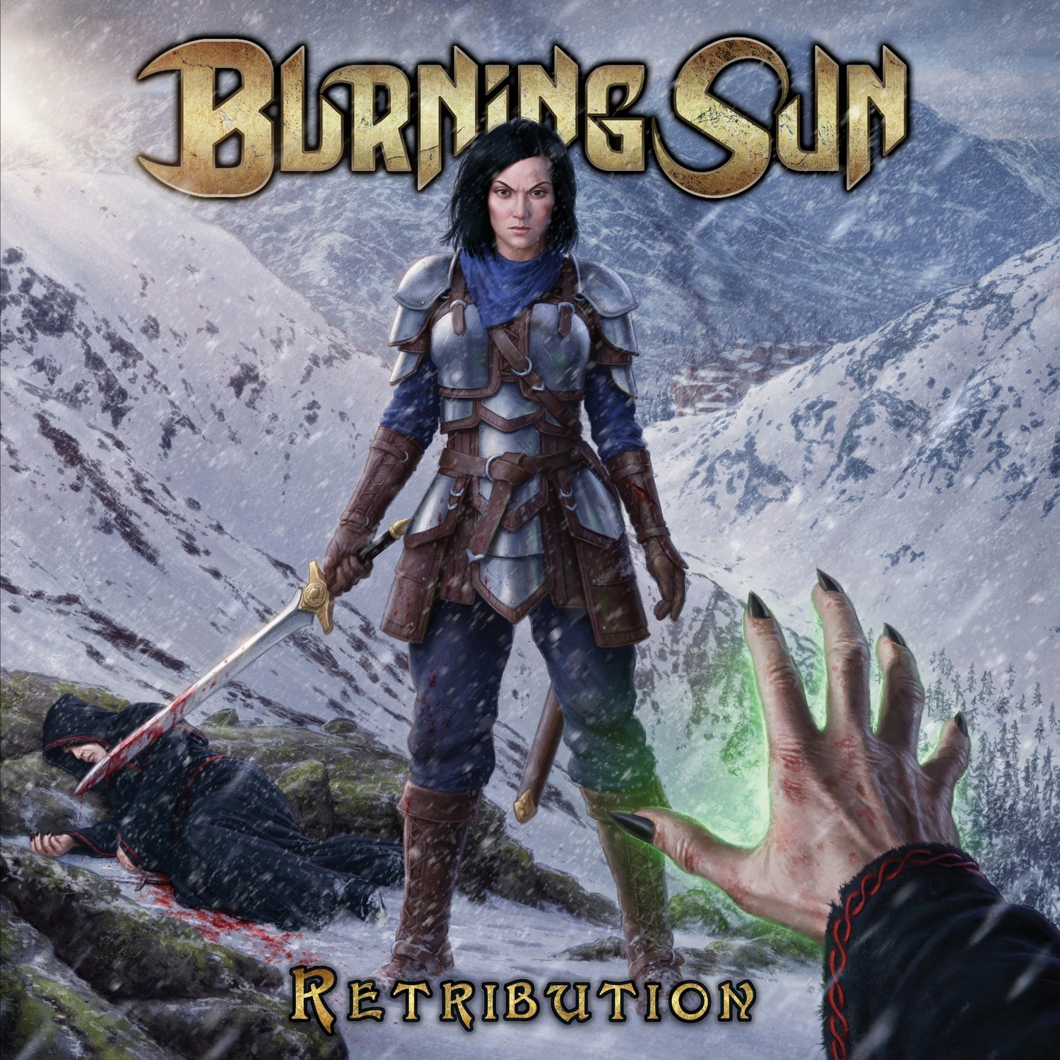 Amidst snow-covered mountains, an angry armored dark-haired woman stands with her sword drawn and ready to slay. Her sword is already bloody and one dead monk lies behind her, while another's disembodied hand prepares to strike her with a spell.